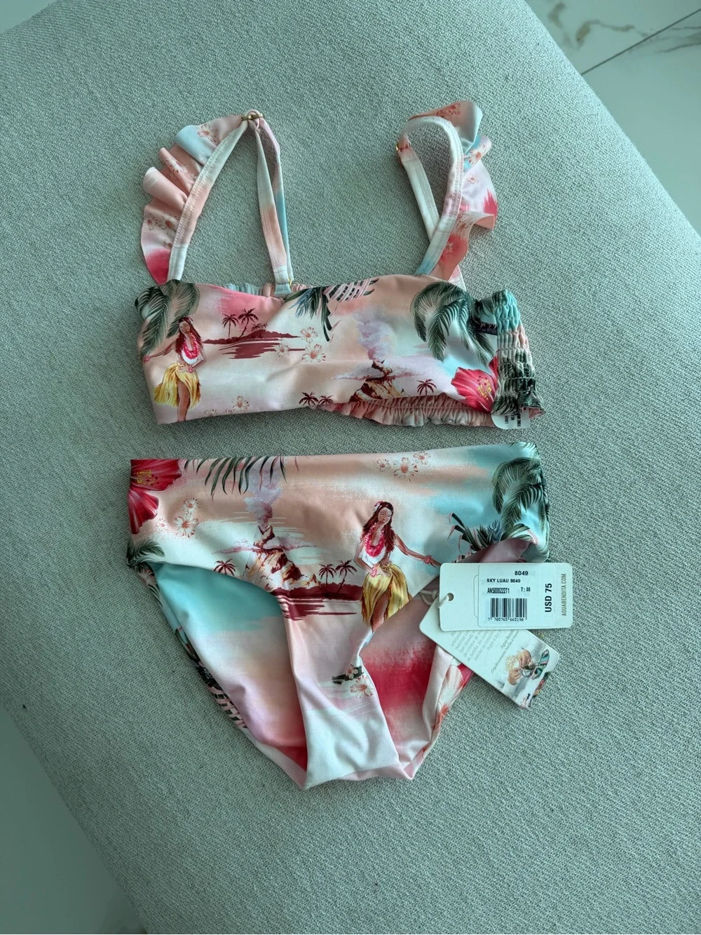 Agua Bendita Girls Tropical Print Bikini - Pink, Light Blue & Green